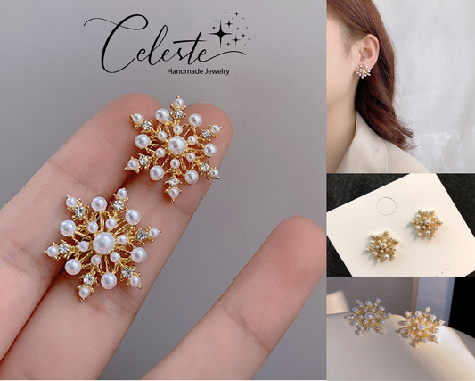 A - Gold Snowflake Fashion Pearl Earrings 925 Sterling Silver Post Earring Jewellery Gift