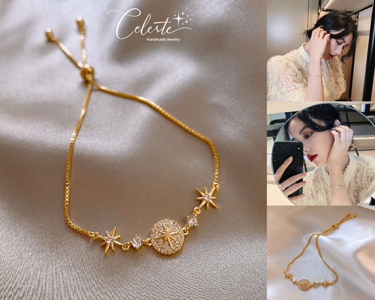 J - 18K Gold Plated Compass Star Diamond Bracelet Dainty Cubic Zirconia Crystal Titanium steel Gift