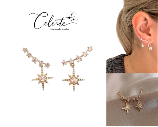 K - Star Burst Earrings Stars Crystal Gold 925 Sterling Silver Post Dainty Gift