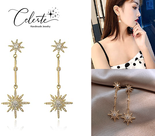 K - Star Burst Crystal Earrings Dangle Drop Diamond Cubic Zirconia 925 Sterling Silver Earring Gift