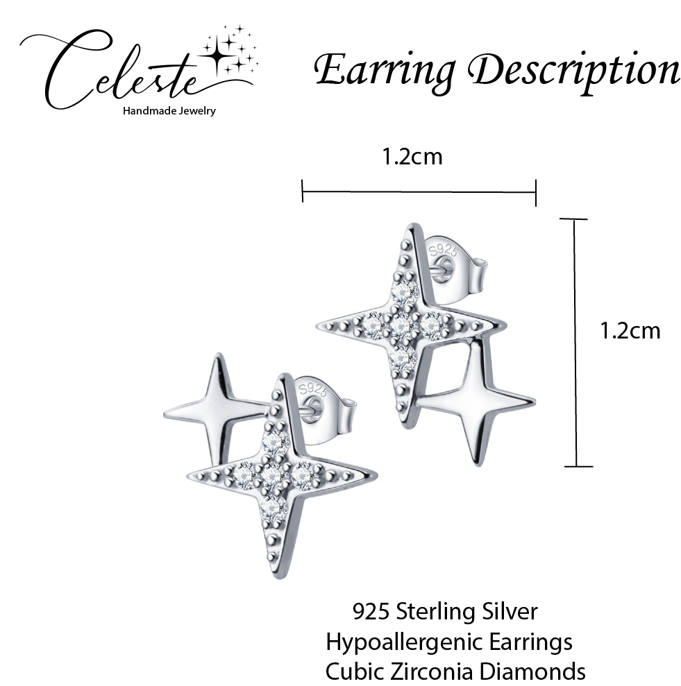 N - Diamond Stars 925 Sterling Silver Needle Post Cubic Zirconia Stud Earrings Gift