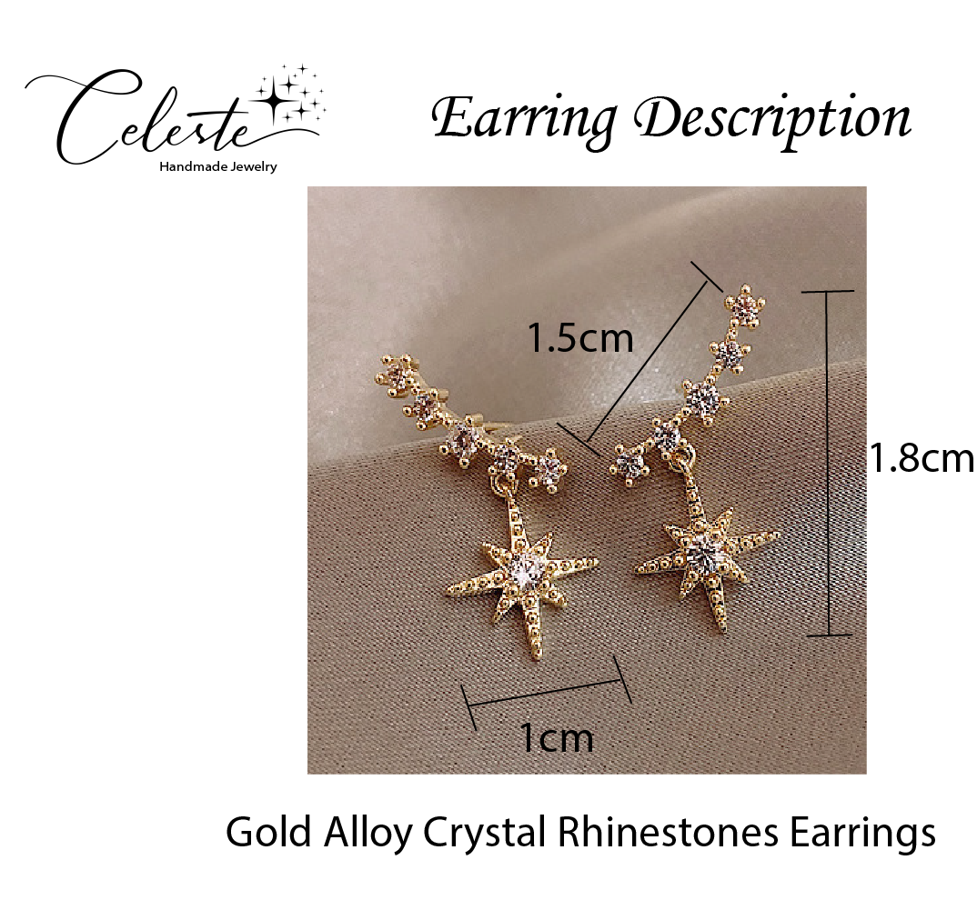 K - Star Burst Earrings Stars Crystal Gold 925 Sterling Silver Post Dainty Gift