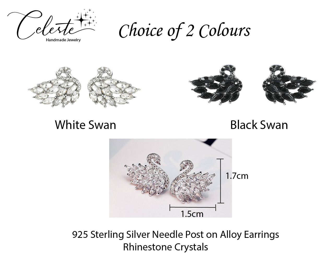 D - White & Black Swan Crystal 925 Sterling Silver Needle Post Stud Earrings Birthday Gift
