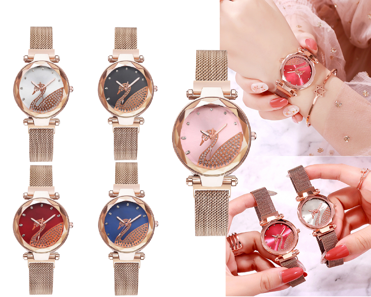 Swan Crystal Watch Adjustable Stainless Steel Bracelet Rose Gold, Gold, Red, Blue & Black