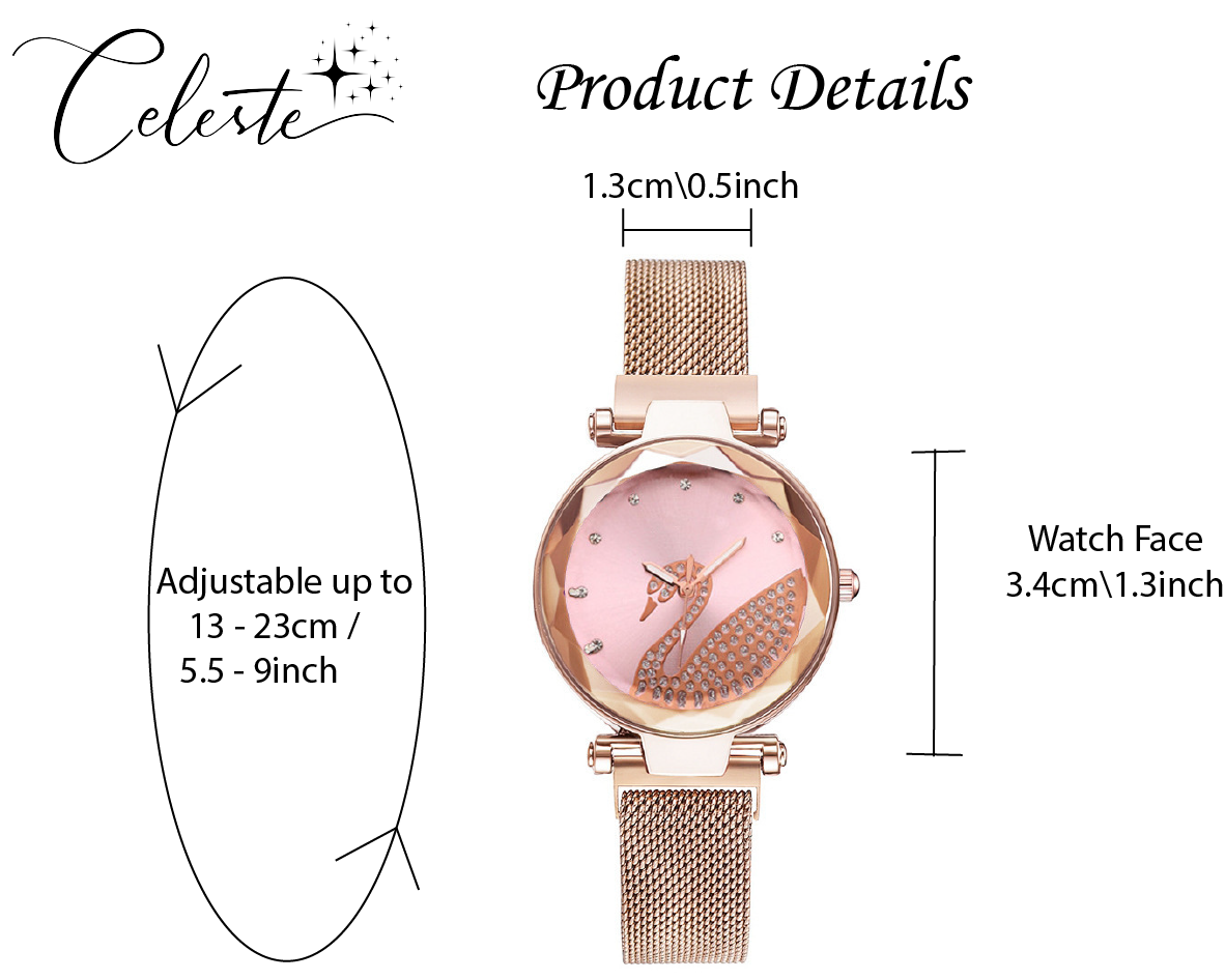 Swan Crystal Watch Adjustable Stainless Steel Bracelet Rose Gold, Gold, Red, Blue & Black