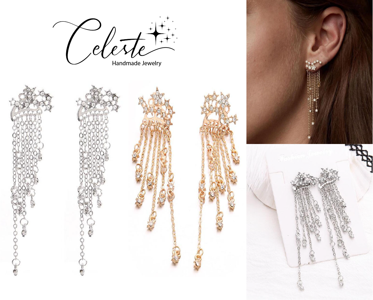 K - Cascading Stars Crystal Rhinestone Alloy Earrings Gift Women Birthday Elegant Modern Fashion