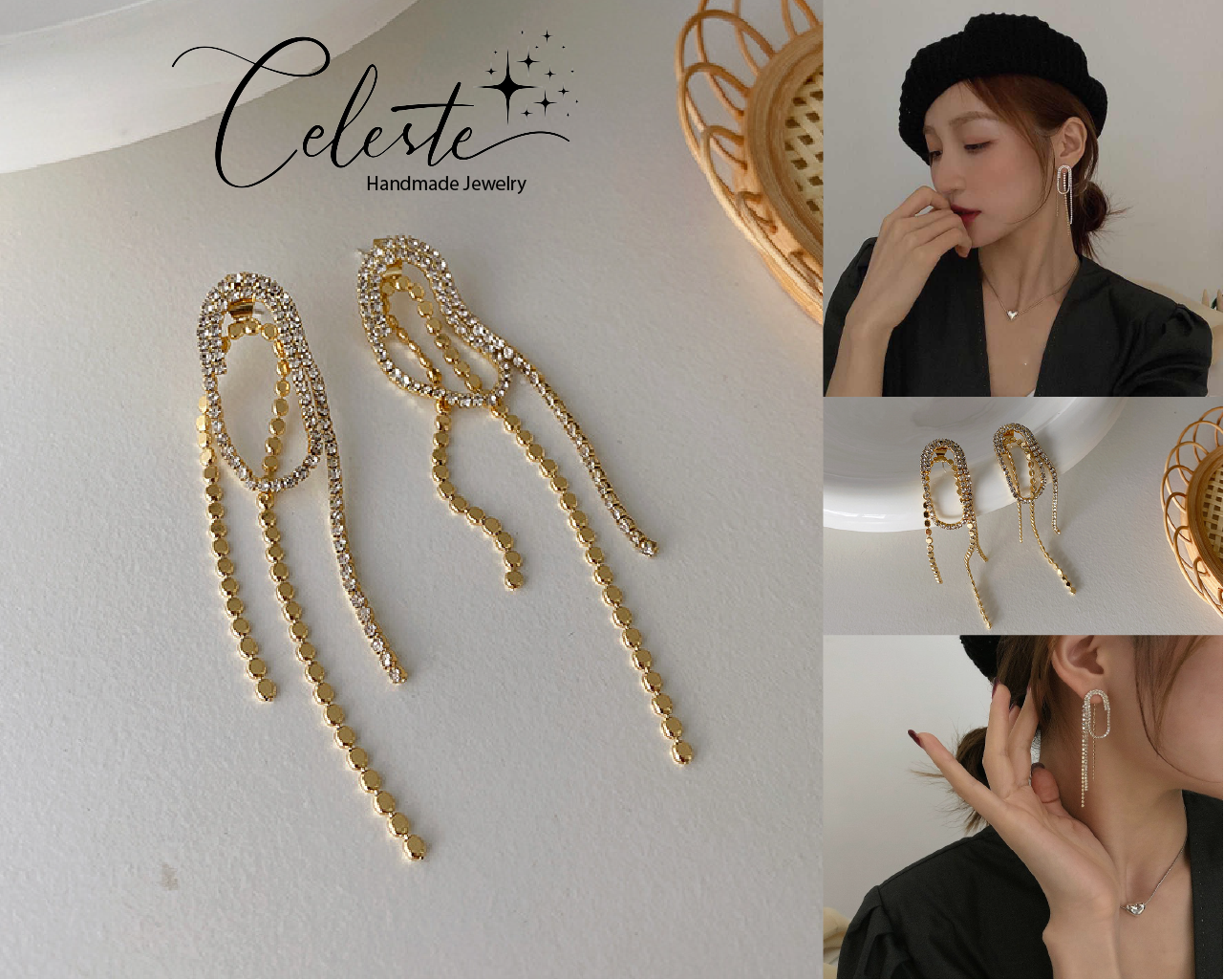 J - Crystal Rhinestone Tassel 18K Gold Plated Paper Clip Earrings Elegant Long Drop Earrings Jewelry