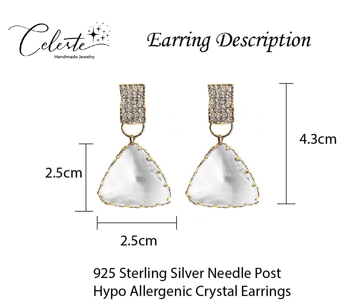 H - Triangle Crystal Prism Earrings 925 Sterling Silver Post Hypoallergenic Clear Crystal Waterdrop Stud Earring Creative Geometric Drop Gift