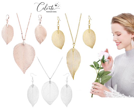 I - Real Leaf Rose Gold, Gold or Silver Plated Necklace Full Set Earrings Pendant gift