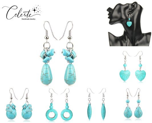 Z - Blue Turquoise Earrings Natural Polished Stone Dangle Drop Cluster Boho Bohemian
