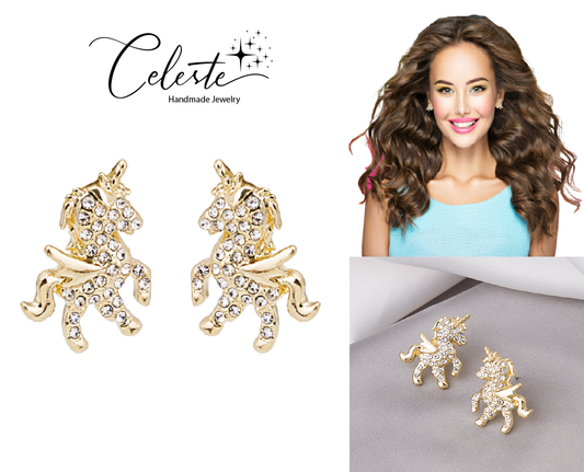 J - Winged Unicorn Earrings Crystal Gold Hypoallergenic 925 Sterling Silver Post Stud Dainty Birthday Gift
