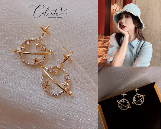 K - Universe Cosmos Saturn Stars Crystal Rhinstone Gold Alloy Earrings Circle Star Ring Earring