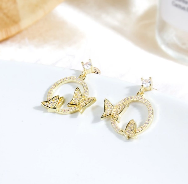 D - Gold Circle Butterfly Earrings 925 Sterling Silver Post Crystal Cubic Zirconia Earring Gift