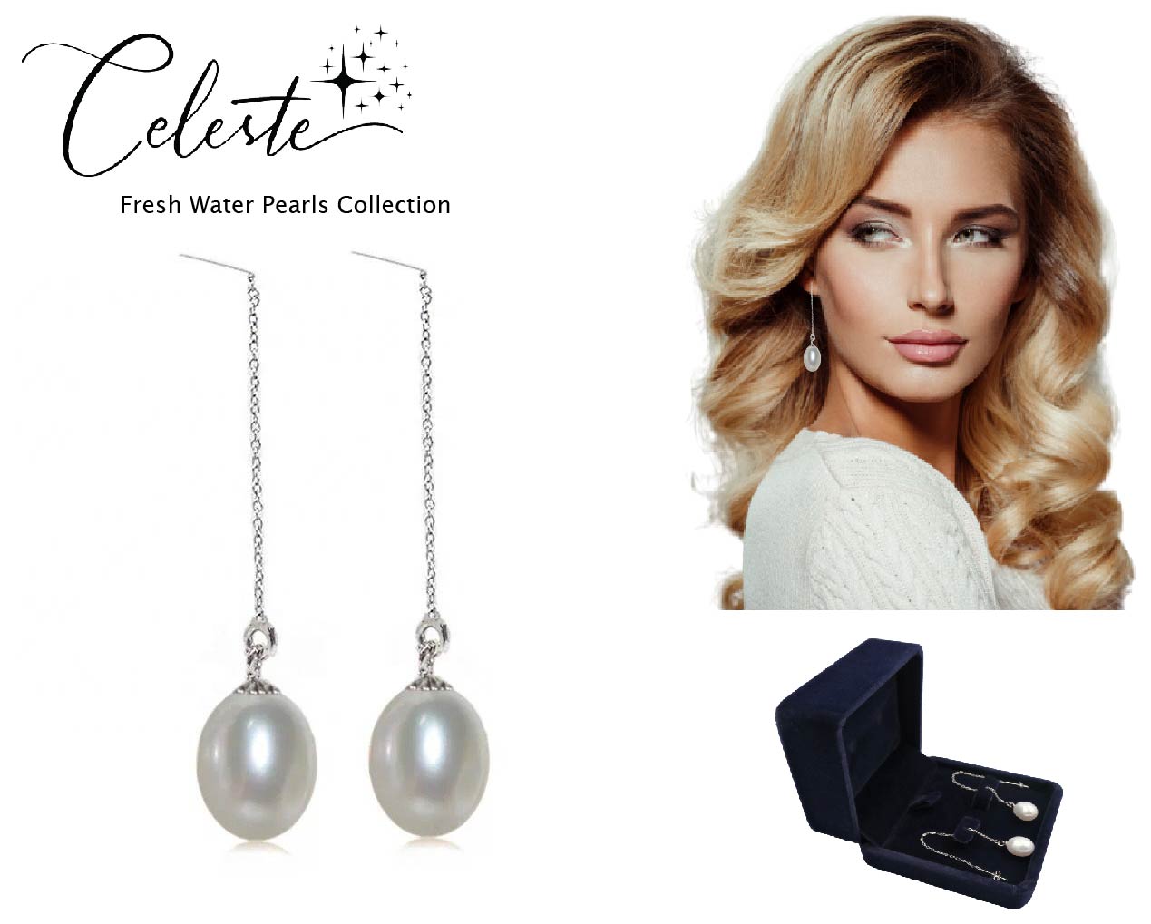 PL - Real Pearl Earrings Celeste White drop dangle Pearls Earring 925 Sterling Silver gift box 8-10mm