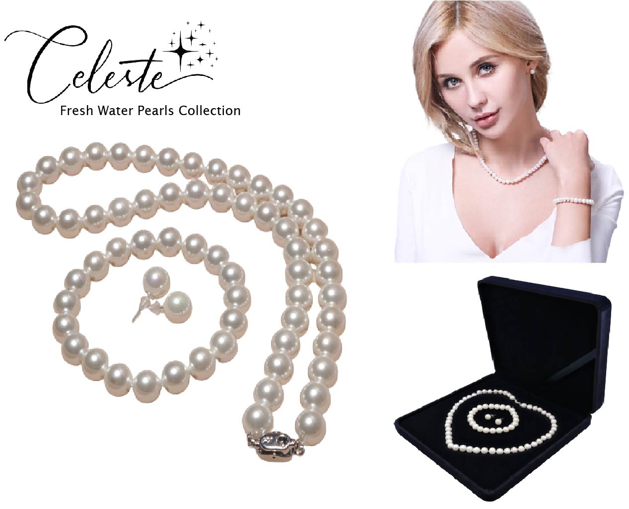 PA - Real Pearl Full Set Fresh Water Pearls Necklace Bracelet Earring Celeste 925 Sterling Silver White Round Pearls gift box