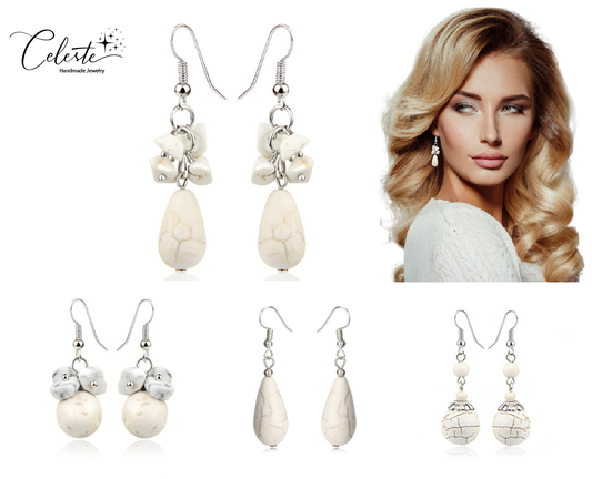 Z - White Turquoise Earrings Natural Polished Stone Dangle Drop Cluster Boho Bohemian