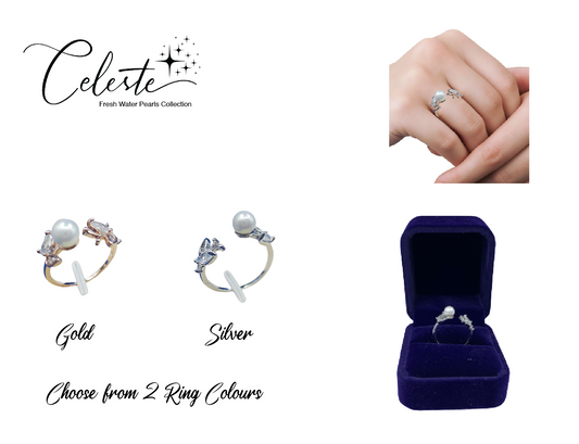 PL - Real Pearl Butterfly Rings Silver or Gold Ring with White Celeste 925 Fresh Water Pearls Collection gift box