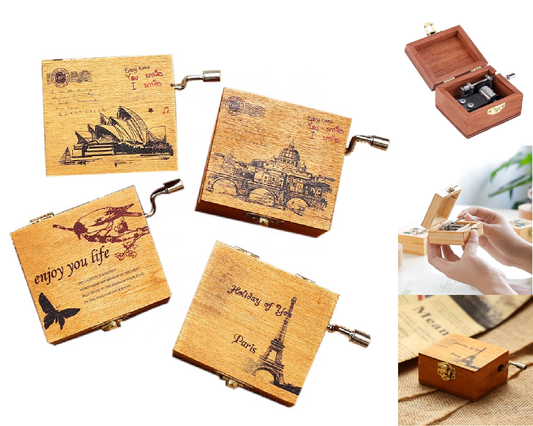 Wood Music Box Handwinde Fun Learning Frozen Eiffle Tower Black Castle Opera Butterfly Heart Lock